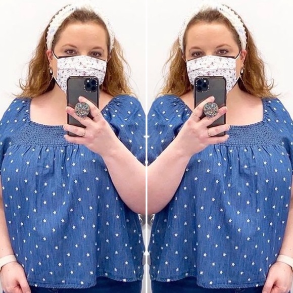 Old Navy Chambray Blue Floral Embroidered Peasant Top XXL - Picture 1 of 2